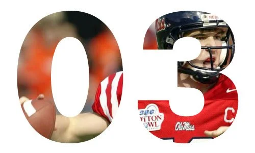 A sports image with the number 03 filled with photos of a football player wearing a red and white uniform and helmet.