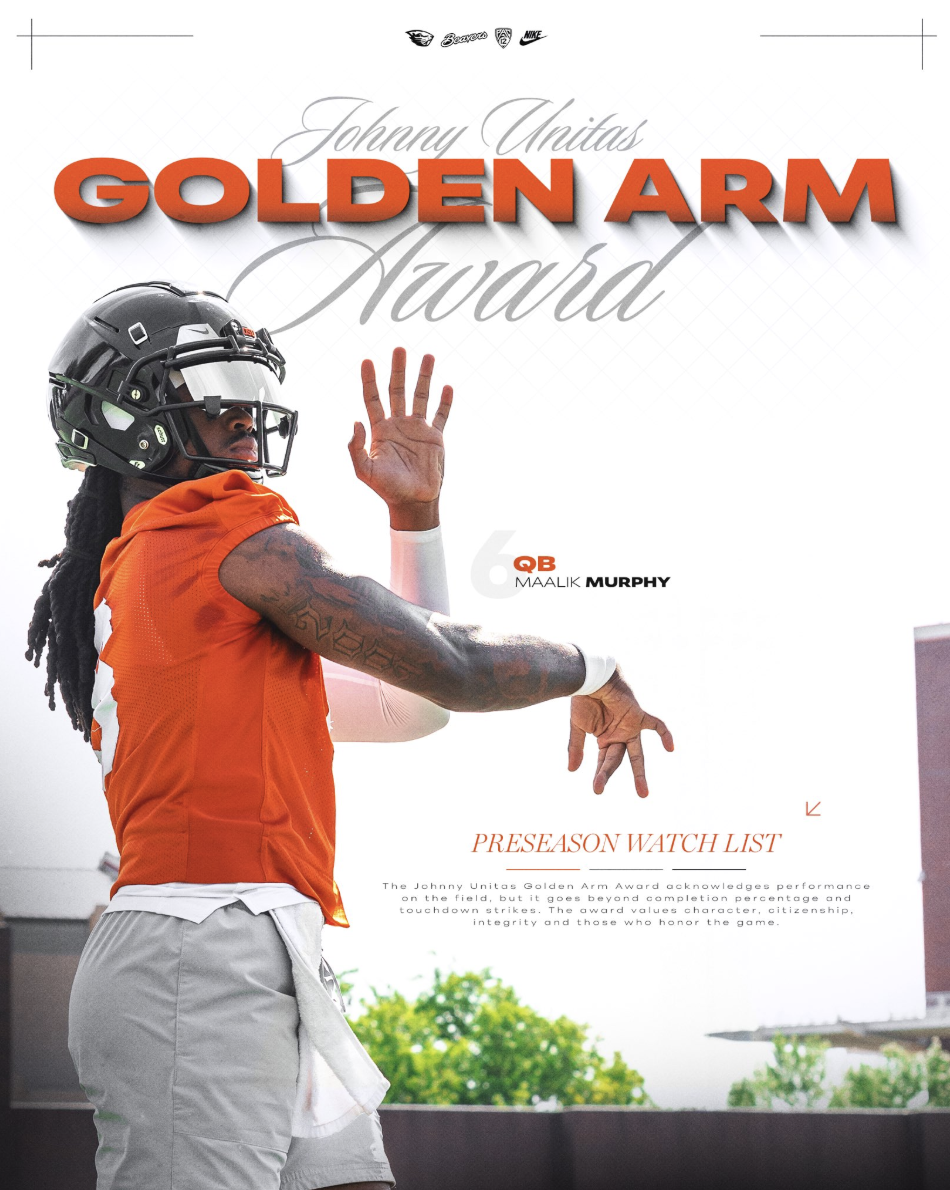 Poster for the Johnny Unitas Golden Arm Award featuring a football player in an orange jersey and gray shorts, wearing a helmet, raising his hand, with bold red and gray text and a small description about the award.