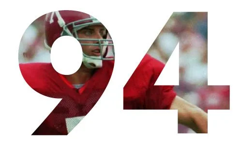 A large infographic of the number 94 with a photo of an American football player wearing a red helmet and uniform inside the numbers.