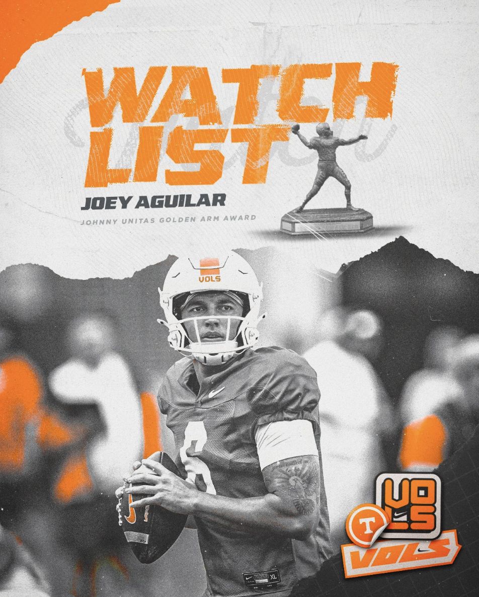 A collage featuring a football player wearing a helmet and jersey with the number 2, holding a football, with blurred background of other players and spectators. The text 'Watch List' in large orange letters, author Joey Aguilar, and mentions of the Johnny Unitas Golden Arm Award and the Tennessee Volunteers logo.