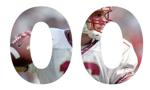Number 00 with a football player on each side, both wearing football uniforms.