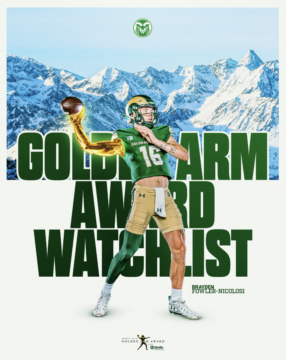 Poster featuring a football player in a green jersey with the number 16, holding a football, with mountaintops in the background and the text 'Golden Arm Award Watchlist'.