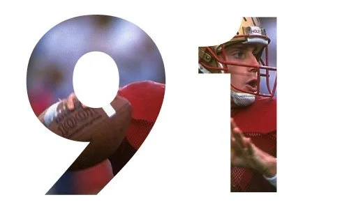 Number nine with a football player inside the number, wearing a helmet and red jersey
