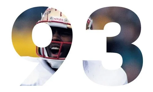 Number 93 with a photo of a smiling football player wearing a helmet inside the number 9.