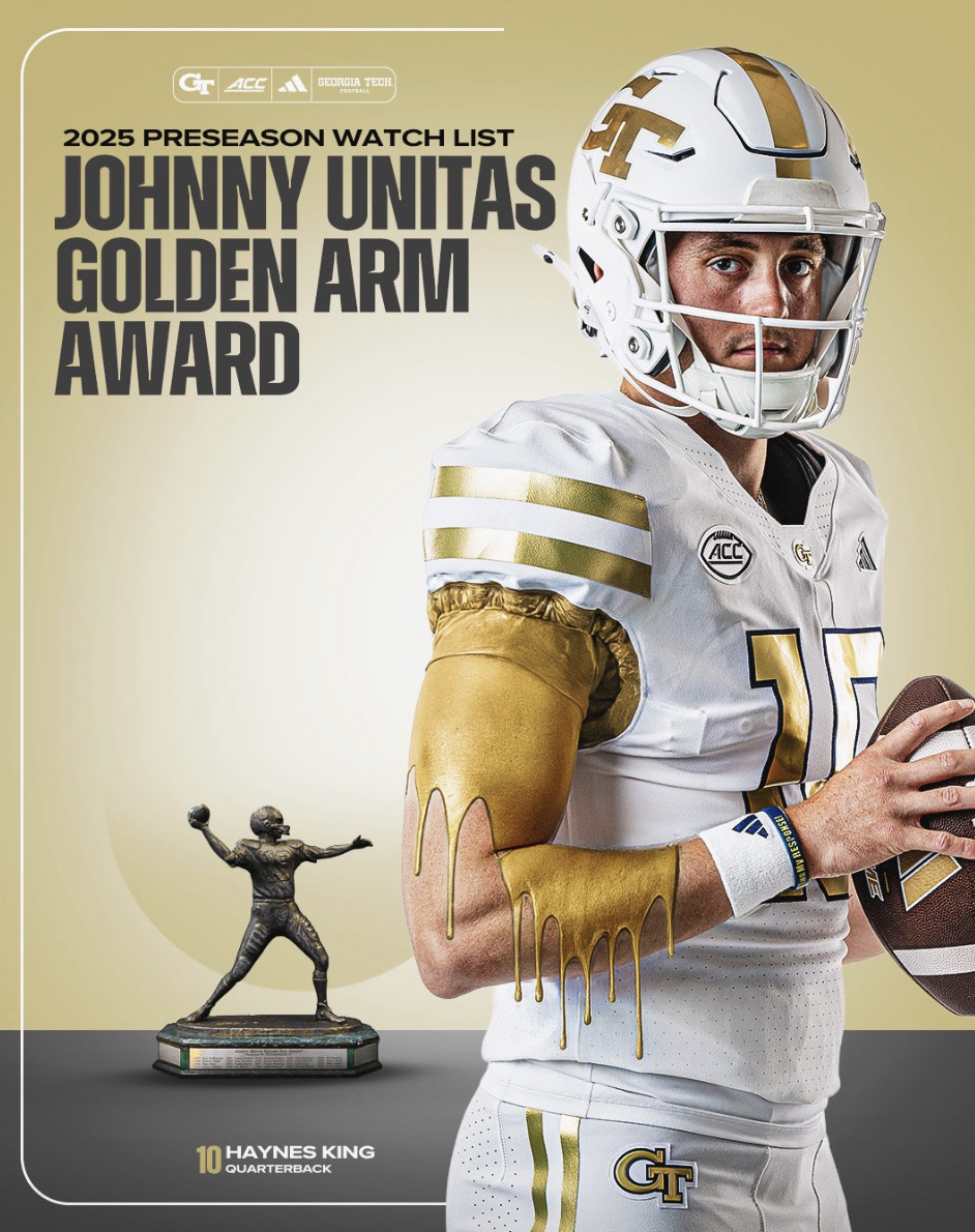 2025 preseason watch list poster featuring Georgia Tech quarterback Haynes King, with a football player in a white and gold football uniform and helmet holding a football, and a small bronze statue of a football player celebrating.