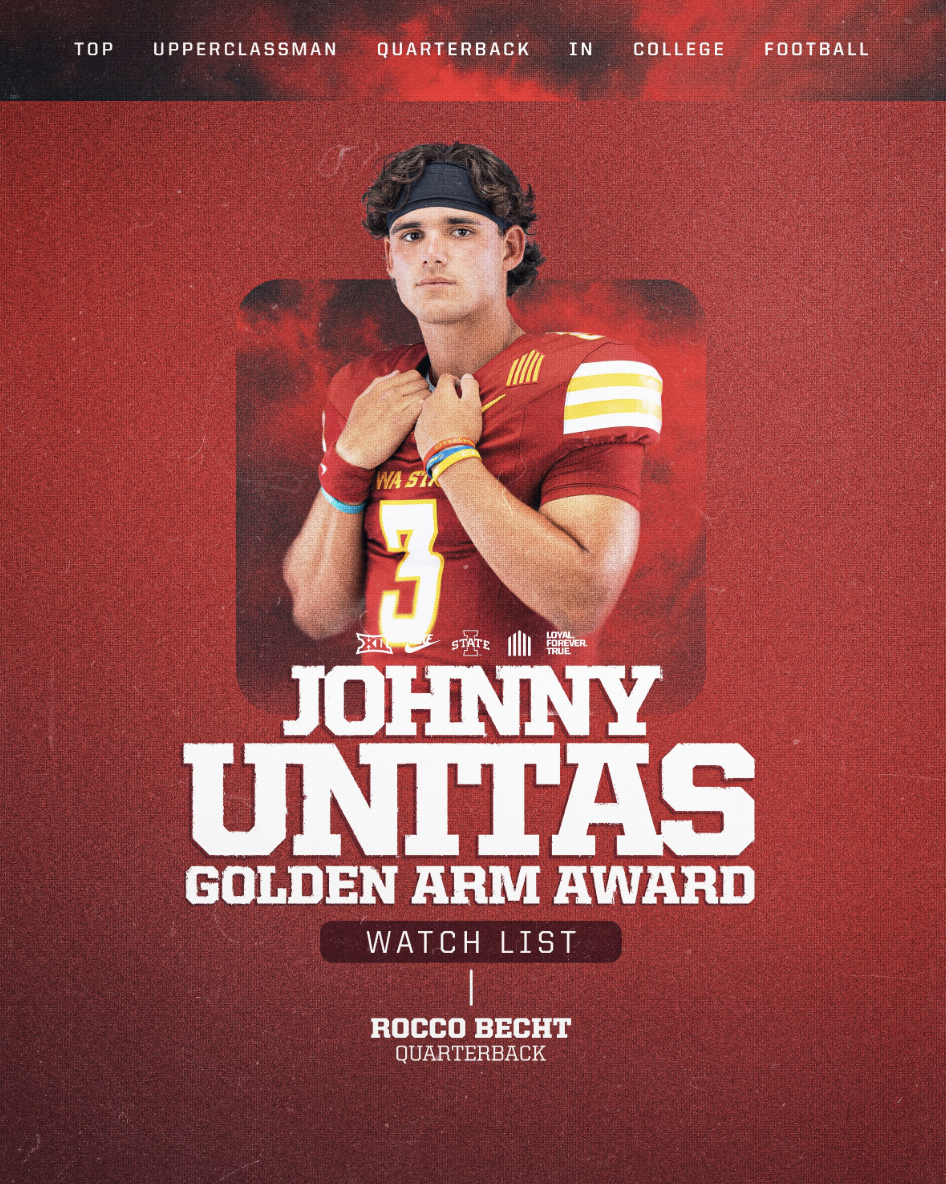 A young male football player in a red uniform with the number 3, wearing a headband, clutches his collar, standing against a red textured background. The text above indicates he is a top college quarterback. The poster promotes Johnny Unttas for the Golden Arm Award and lists Rocco Becht as a watch list candidate.