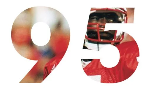 Number 95 with a football player wearing a helmet visible inside the digit.