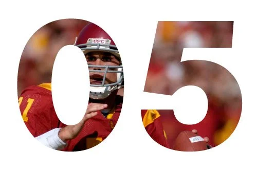 Number 05 with a football player wearing a USC jersey and helmet inside the numbers.
