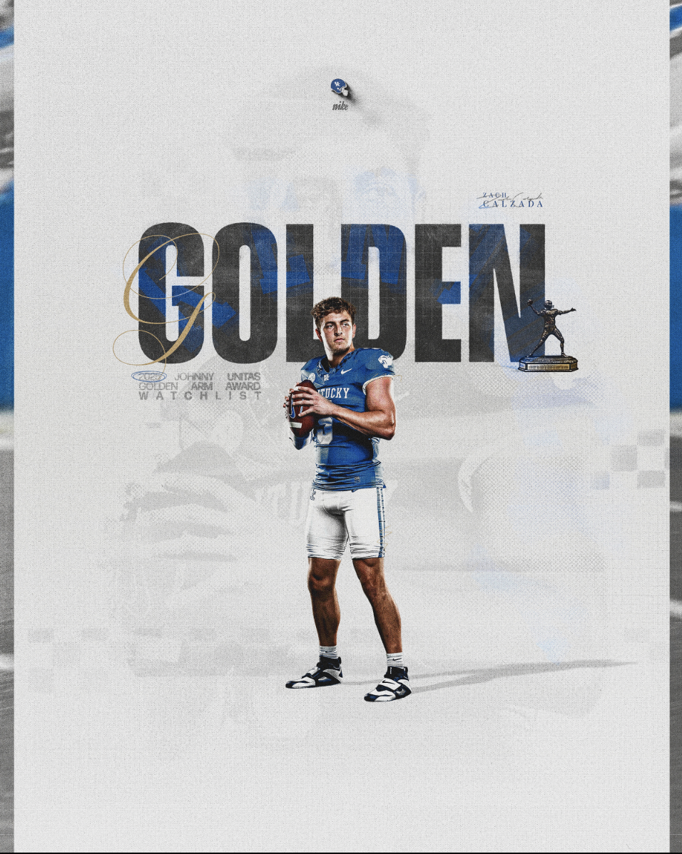 A football player in a blue and white jersey holding a football, standing on a plain white background. The text 'GOLDEN' is prominently displayed behind him, with various signatures and small illustrations surrounding the text.