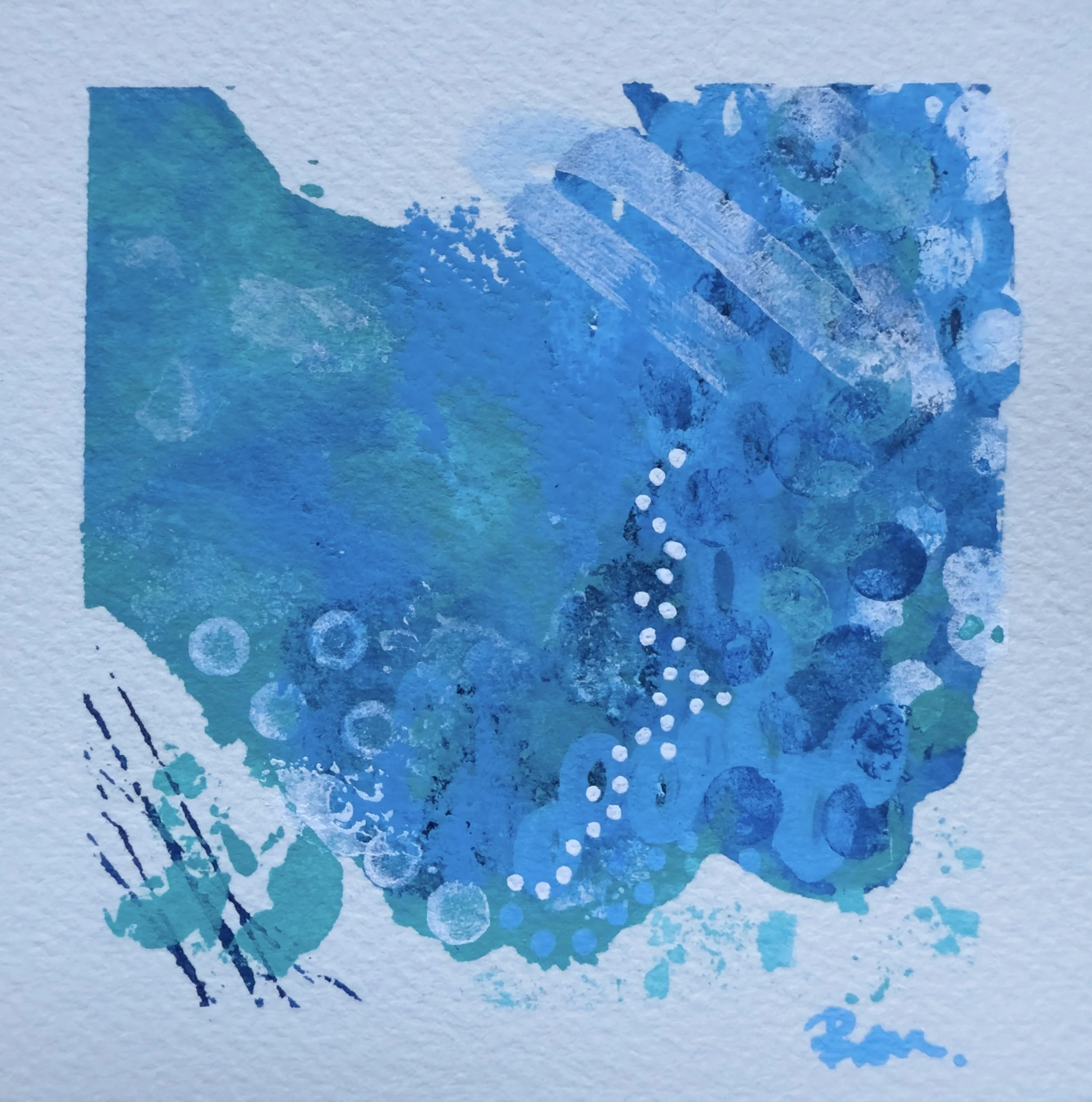 Abstract acrylic ink painting on watercolor paper in shades of blue with circles, dots, and line patterns.