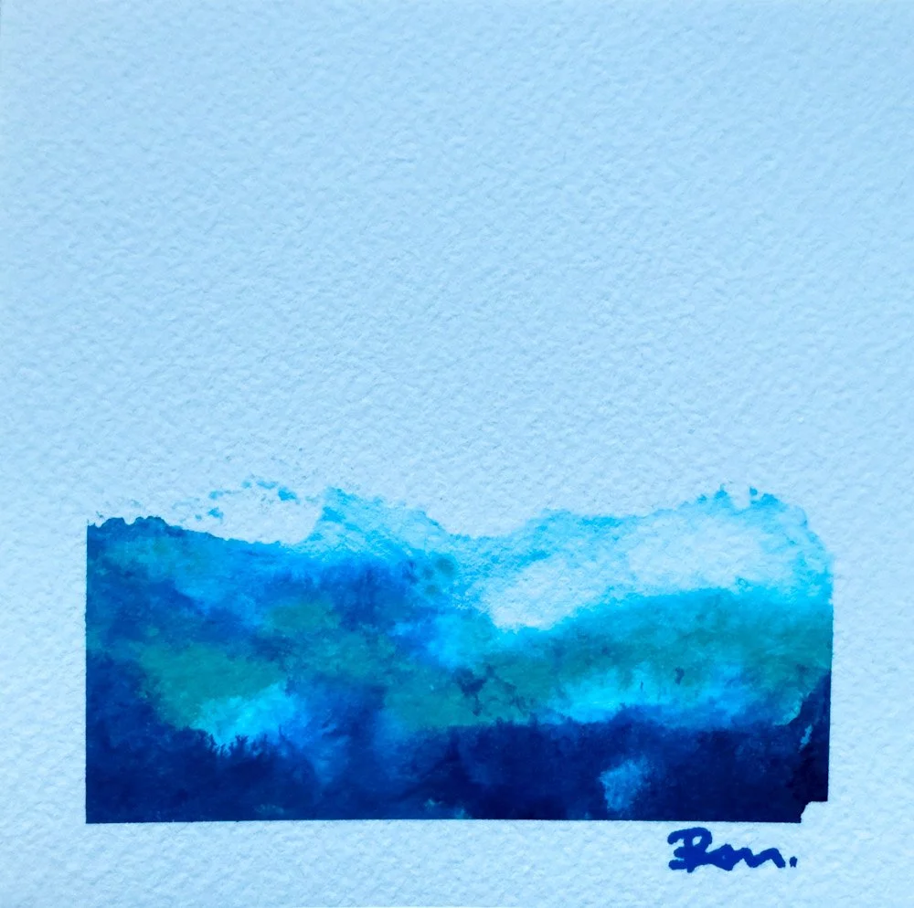 Acrylic ink painting of a blue ocean landscape on textured watercolor paper, signed in the bottom right corner.