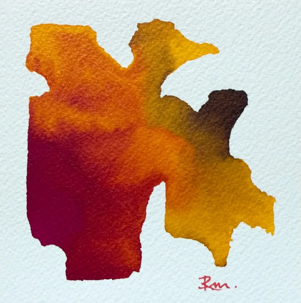Acrylic ink pheonix rising hope painting of an abstract maple leaf in shades of red, orange, yellow, and brown, with the artist's signature in red at the bottom right.