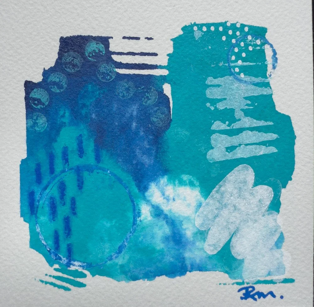 Abstract acrylic ink painting on watercolor paper in shades of blue with circles, dots, and line patterns.