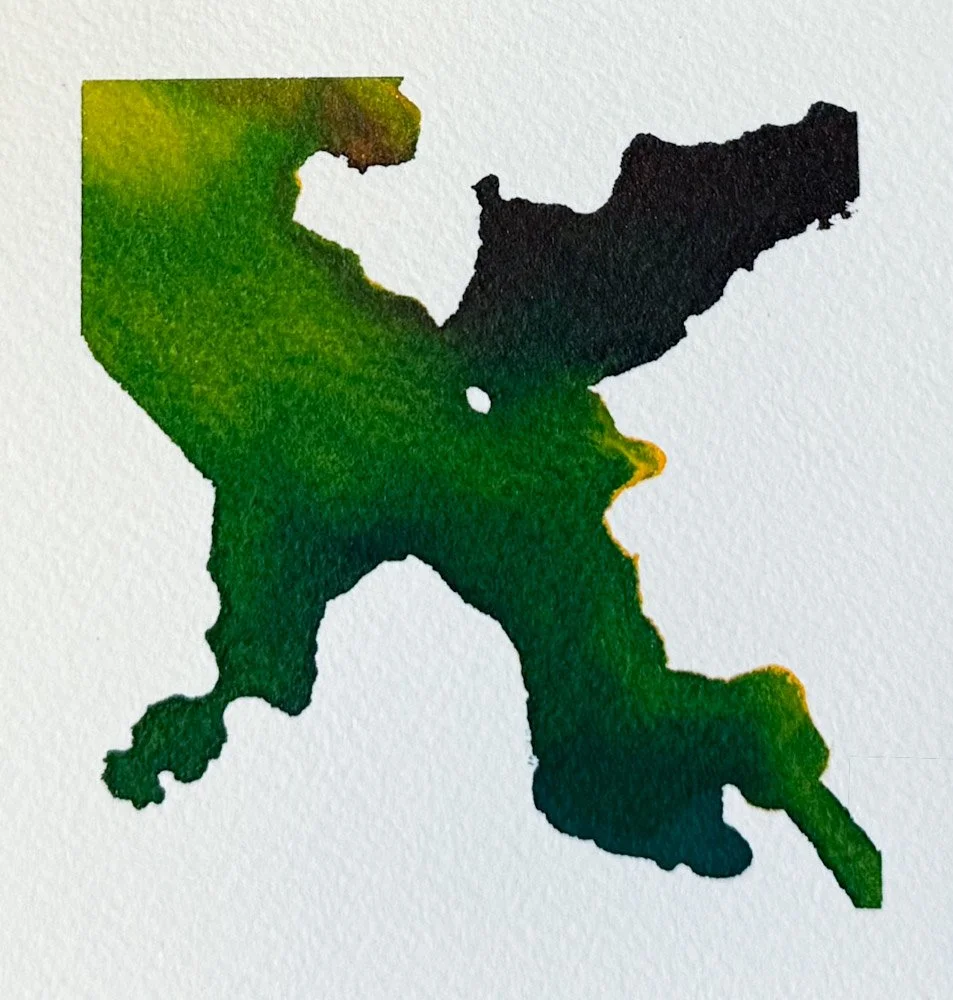 Minimalist acrylic ink painting artwork on textured watercolor paper in green, brown, yellow, change and transformation 