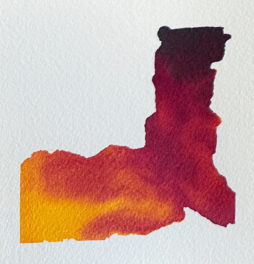 Minimalist acrylic ink painting artwork on textured watercolor paper in red, orange, yellow, change and transformation 