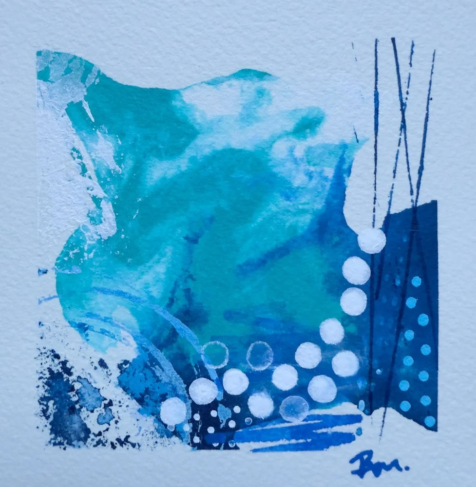 Abstract acrylic ink painting on watercolor paper in shades of blue with circles, dots, and line patterns.