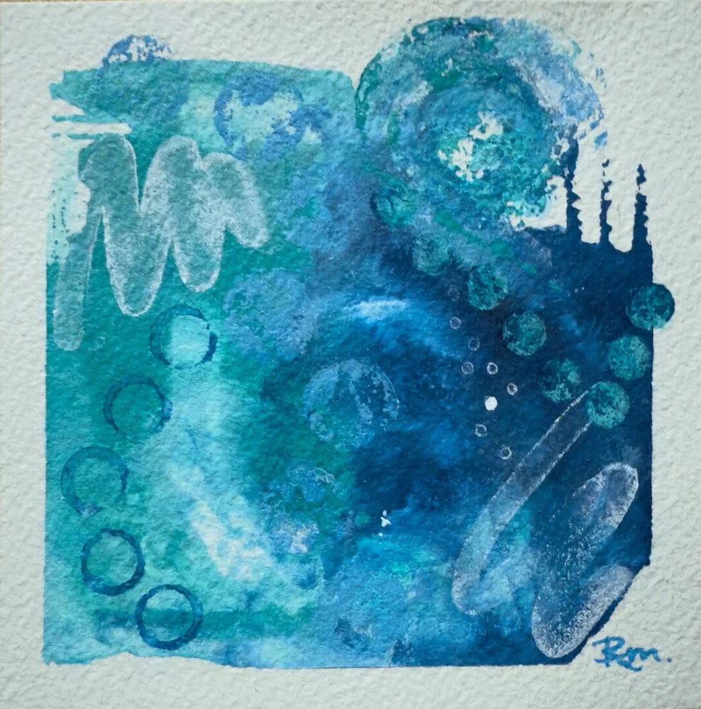Acrylic ink painting of an ocean wave in blue and turquoise tones, abstract artwork on textured watercolor paper