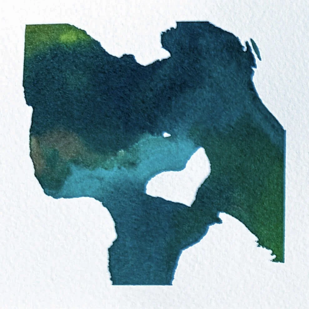 Minimalist acrylic ink painting artwork on textured watercolor paper in green and blue.