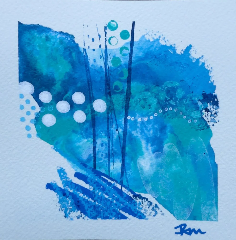 Abstract acrylic ink painting on watercolor paper in shades of blue with circles, dots, and line patterns.