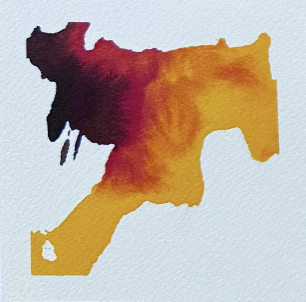 Minimalist acrylic ink painting artwork on textured watercolor paper in yellow, red, brown, horse artwork