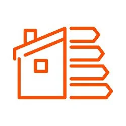 Outline of a house with a chimney and a square window, next to horizontal lines representing text or writing.