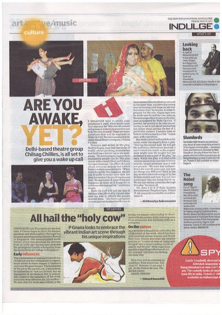 Newspaper page with articles and photos about a Delhi-based theater group, a performance preview, and a story on an artist. Contains pictures of actors, a performer in traditional dress, and a person with a white cow.