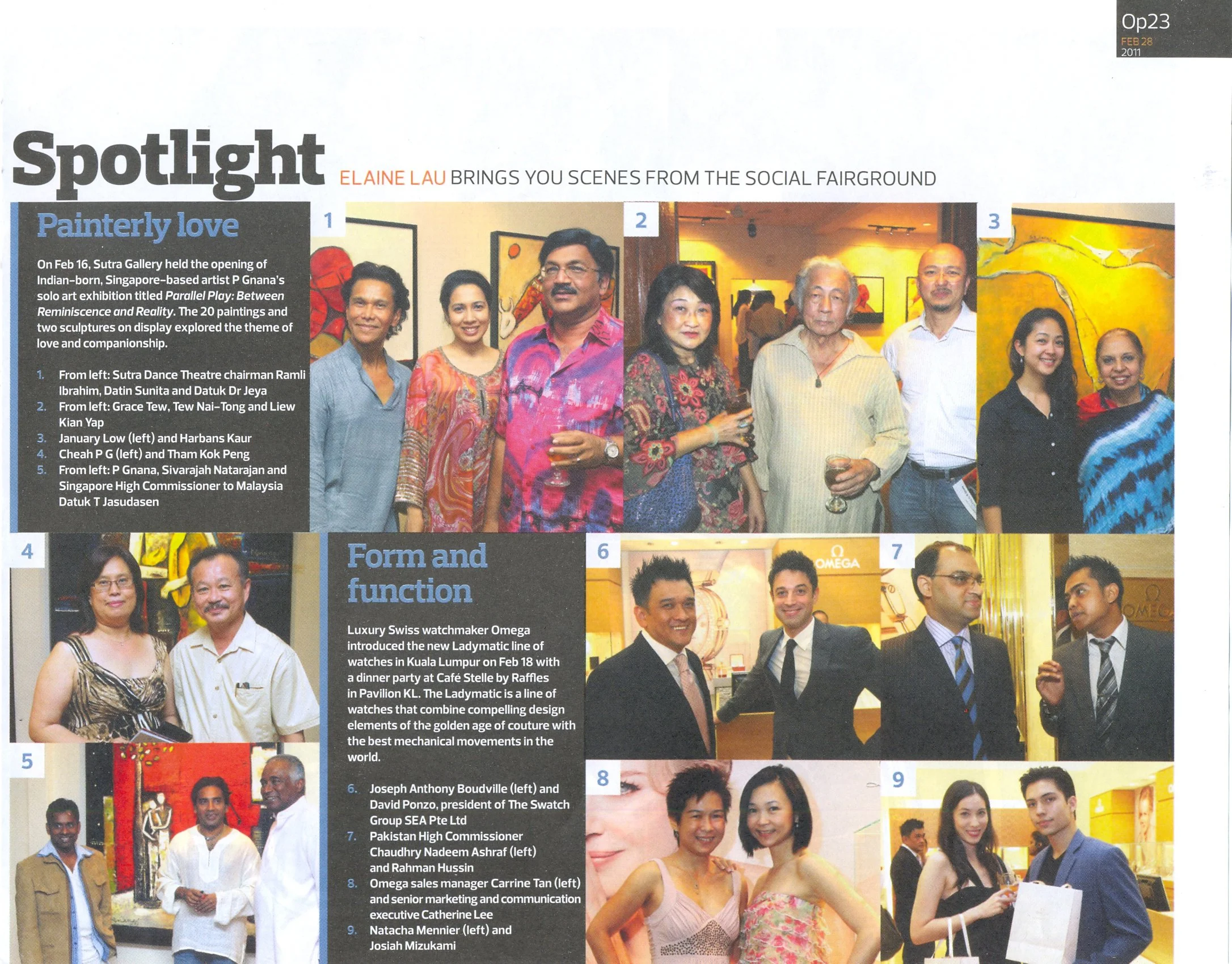 Group photo of attendees at an art exhibition, with people standing in front of paintings, holding drinks, and engaging in conversation.