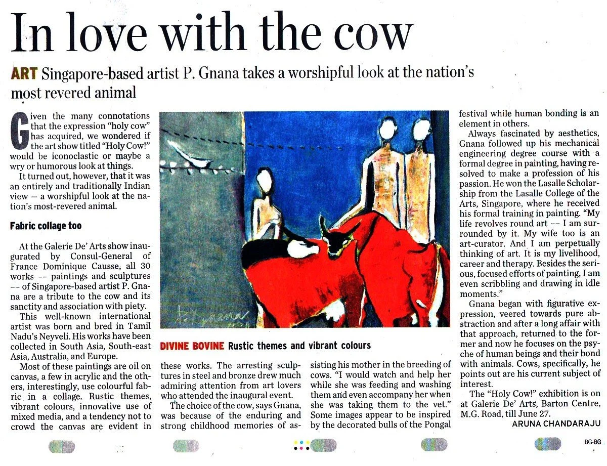 Painting of a red cow with a white face, standing on green grass, next to two human figures in an art gallery.