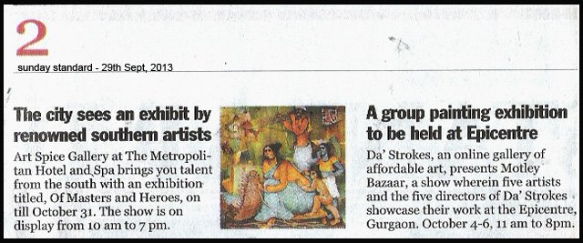 A newspaper article titled "The city sees an exhibit by renowned southern artists" about an art exhibition and a group painting exhibition at Epicentre in Gurgaon, with a small image of a painting showing several figures.