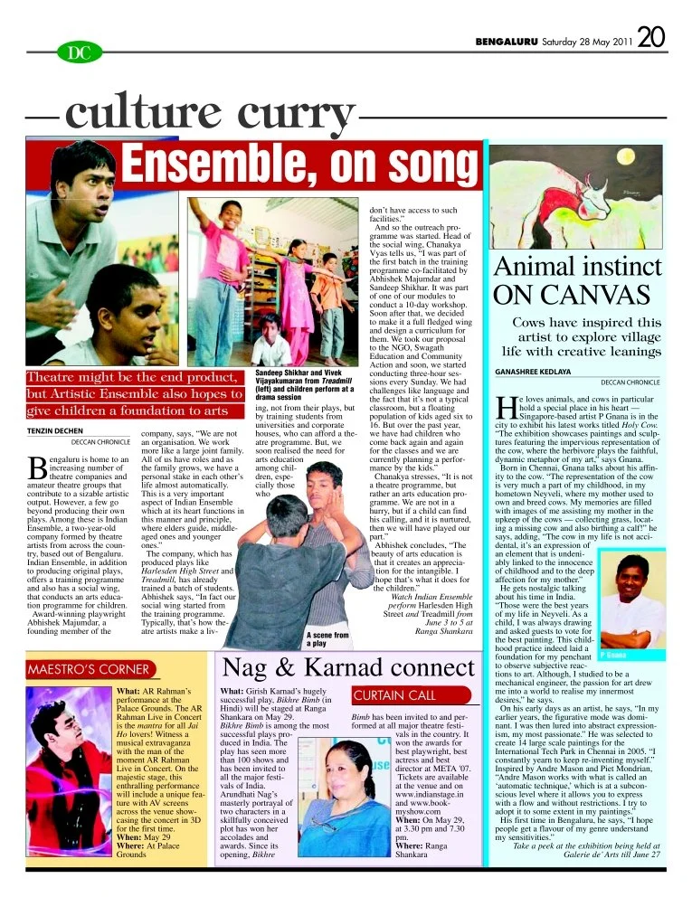 Newspaper page featuring articles and images about cultural events and activities in Bengaluru, including children performing on stage, artist work on canvas, and a portrait of a performer.