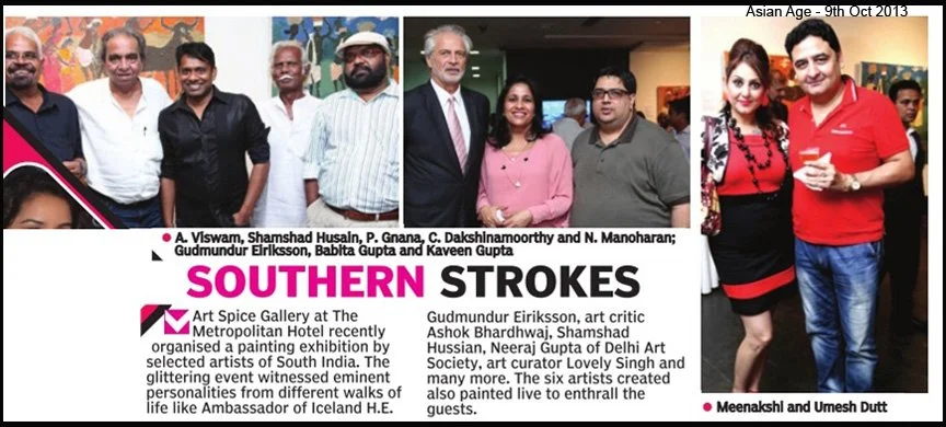 Photograph of diverse people at an art exhibition event, with a banner that reads 'Southern Strokes' and information about artists from South India.
