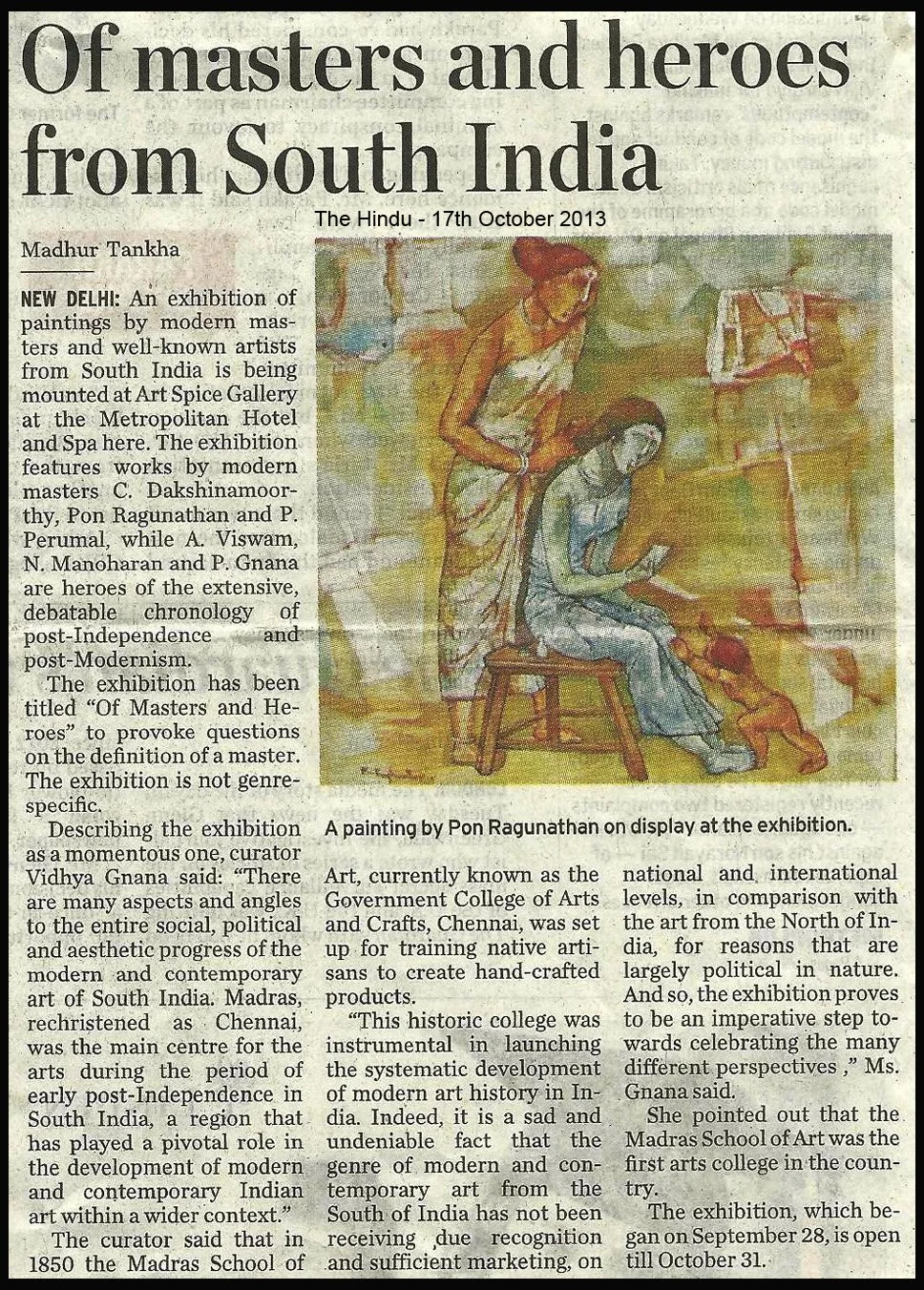 A clipping from The Hindu newspaper dated October 17, 2013, featuring a watercolor painting by Pon Raghunathan and an article about an art exhibition of South Indian masters at Art Spice Gallery, with text discussing the exhibition and its significan