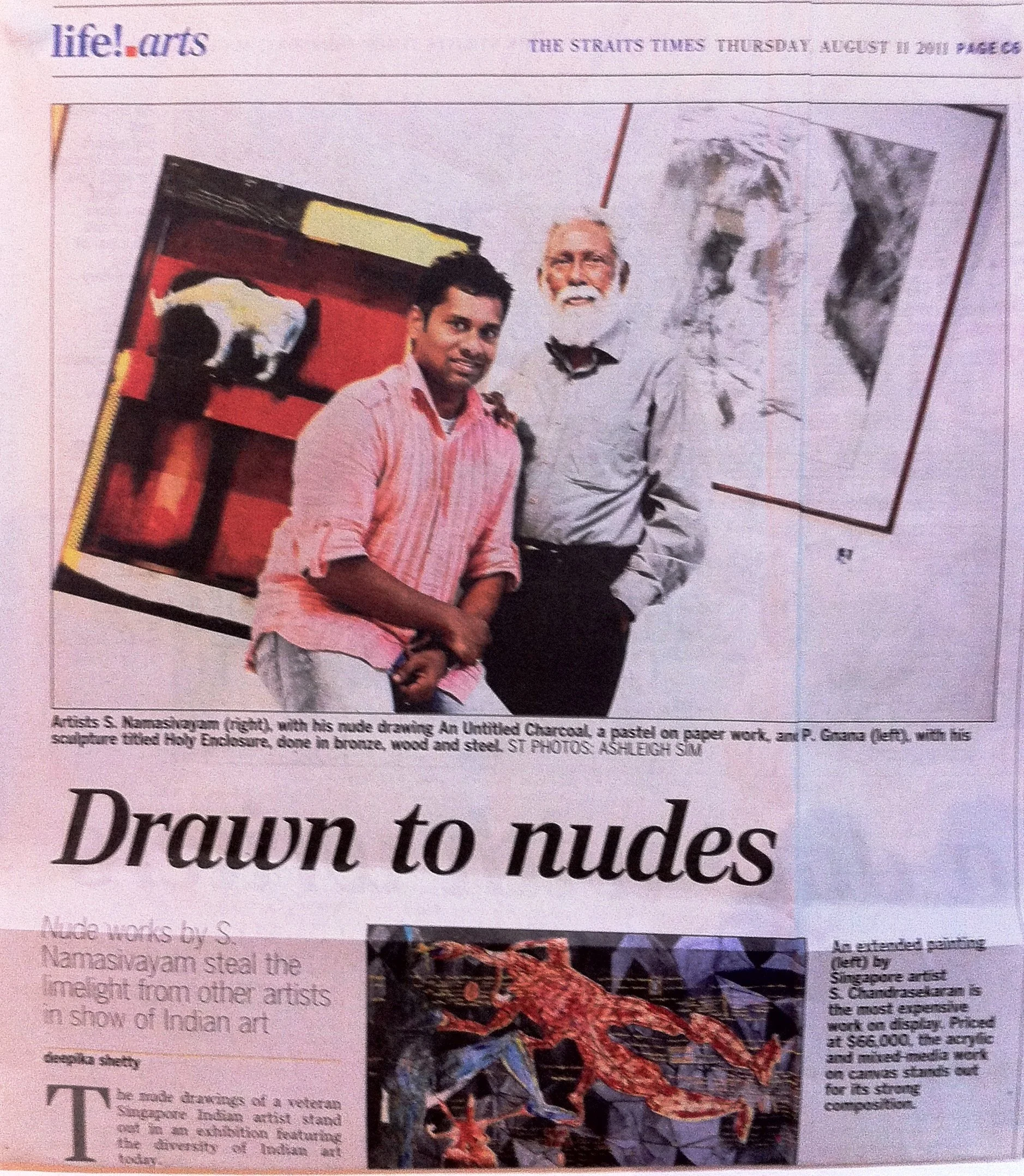Newspaper page featuring an artist, S. Namasrajan, with his nude charcoal drawing and a man standing next to him in an art gallery.