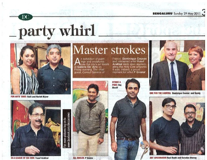 Newspaper page featuring a headline 'party whirl' and a section 'Master strokes' with photos of various art exhibition attendees and artists, including captions and descriptions of their involvement.