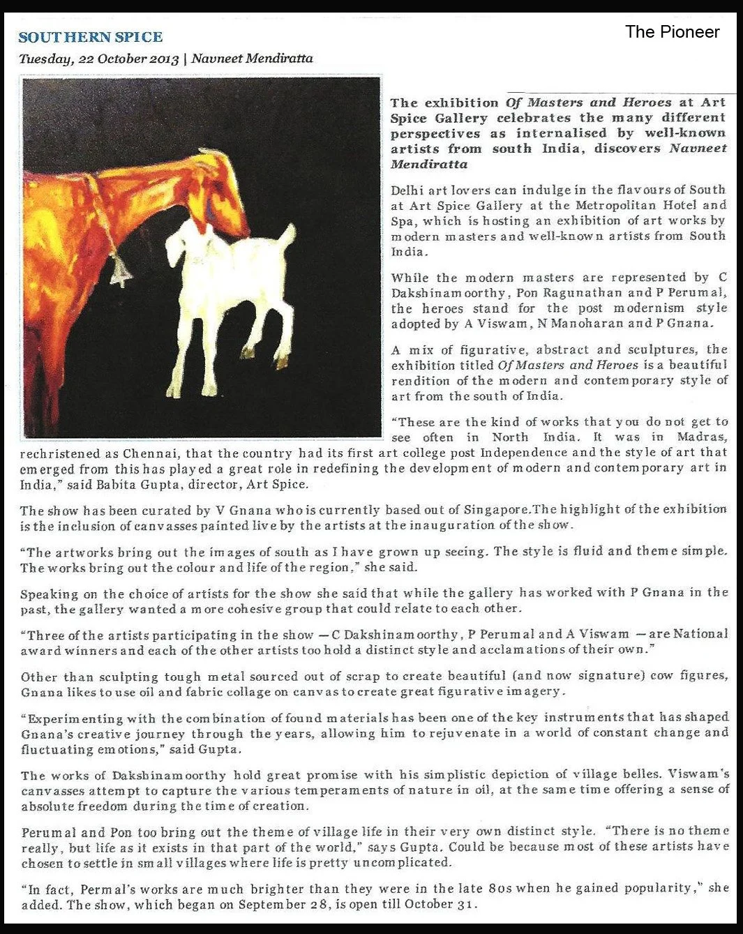 A newspaper article titled "Southern Spice" discussing an art exhibition called "Masters and Heroes" at Art Spice Gallery, with a photograph of a painting of a white cow on a black background.