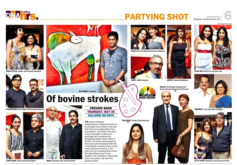 Collage of photos from an art gallery event featuring various people, artworks, and a painting of a cow. Includes images of individuals, groups, and a cartoon cow, with captions describing attendees and artists.