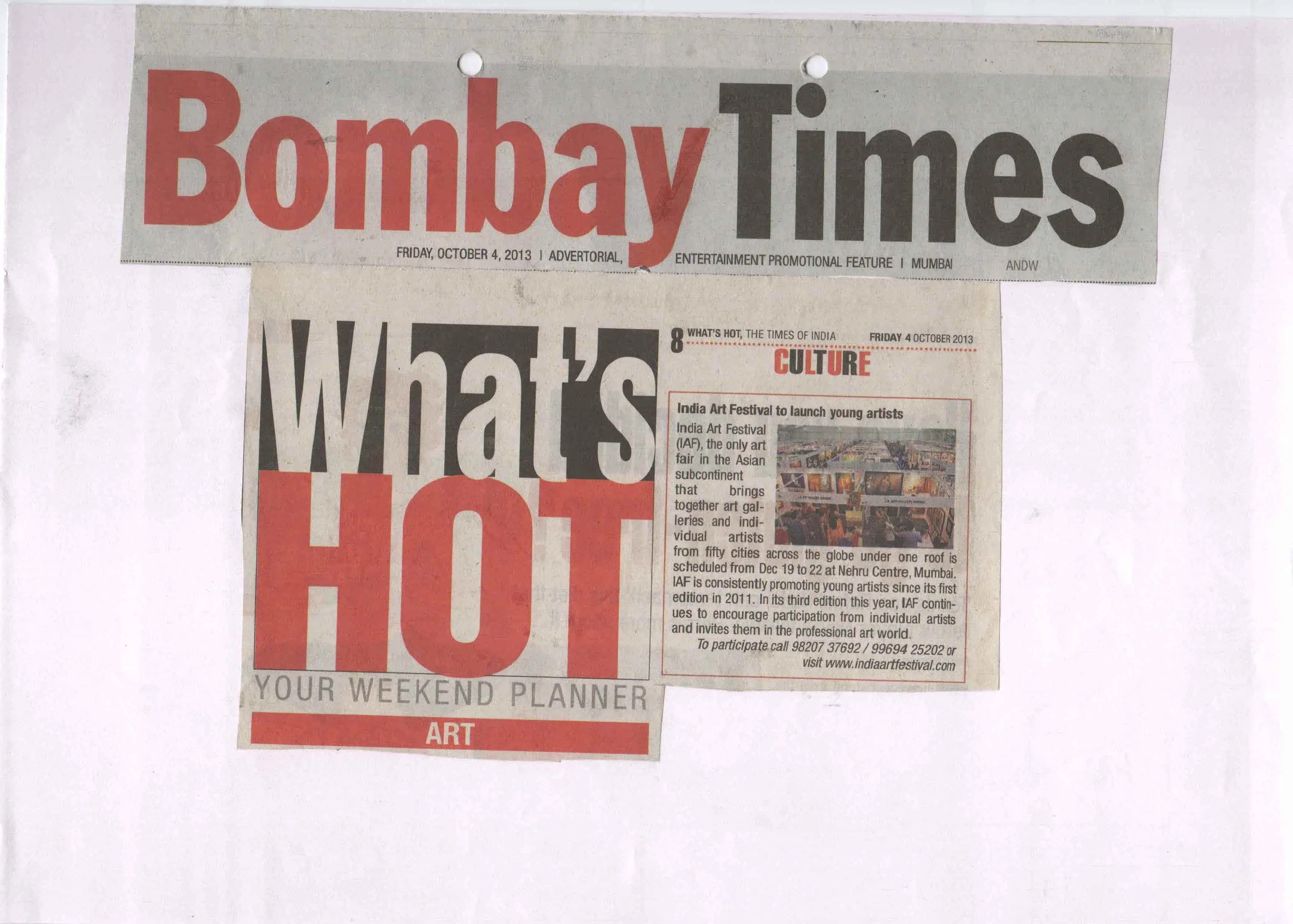 A newspaper titled 'Bombay Times' with a section called 'What's Hot' featuring an article about the India Art Festival to launch young artists, including a small image of artwork and festival details.