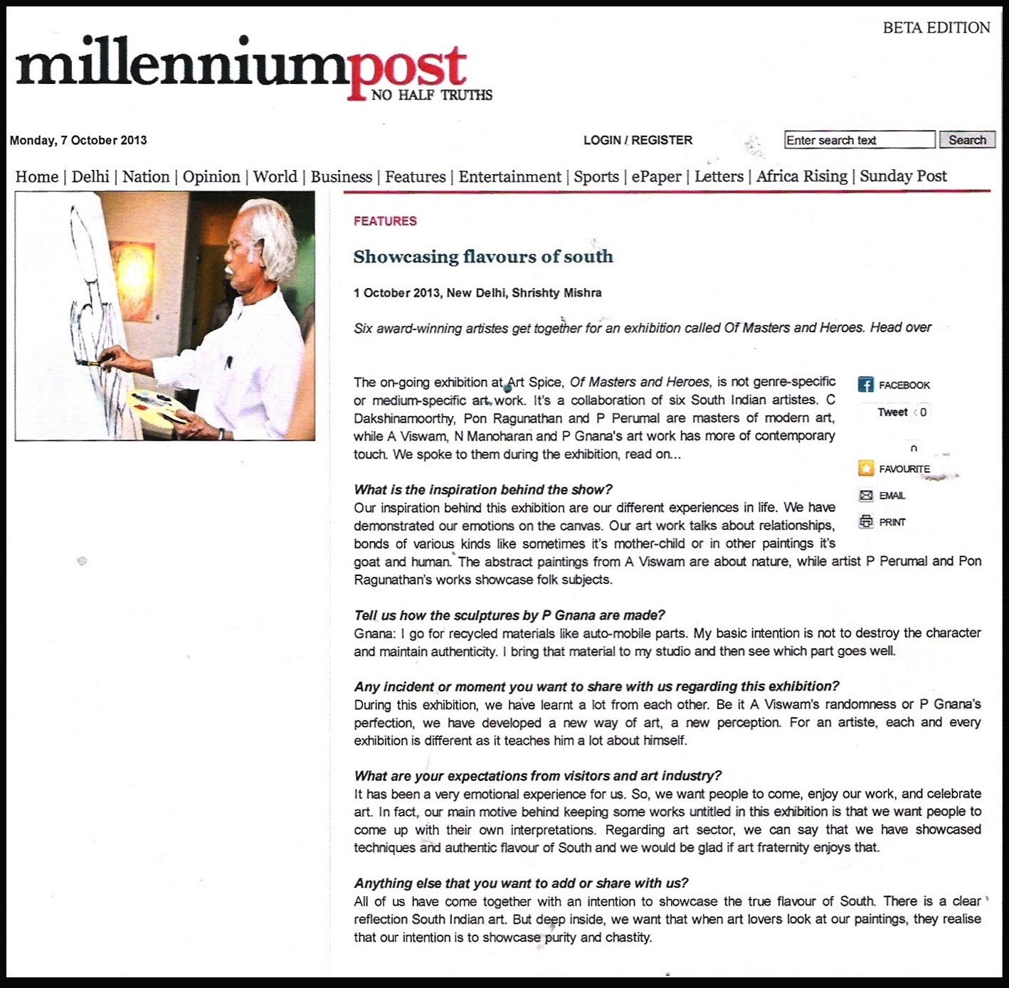 Screenshot of an article from the Millennium Post website dated October 7, 2013, featuring a woman painting on a canvas and discussing an art exhibition titled 'Of Masters and Heroes' by South Indian artists.