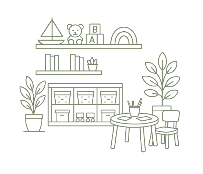 Illustration of a child’s playroom with shelves of toys, a small table and chairs, potted plants, and decorative elements.
