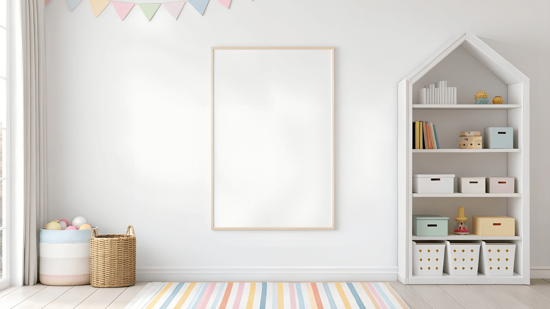 A cozy children's room with a white bookshelf shaped like a house, colorful storage boxes, books, and decorative items. A large empty whiteboard and pastel-colored pennant banners decorate the clean, minimalist wall. Natural light streams in from a nearby window.