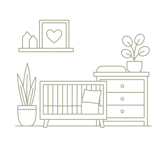 Illustration of a modern interior shelf with decorative items and plants, including a small house, heart-shaped decor, a framed picture, potted plants, and a drawer unit.