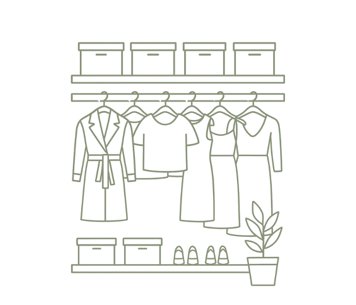 Outline drawing of a clothing rack with jackets and shirts, a shelf with boxes, and a potted plant on the floor.