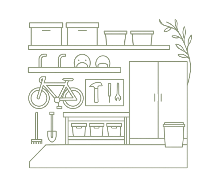 Outline of a modern tiny home with a bicycle, kitchen area, shelves, and outdoor storage.