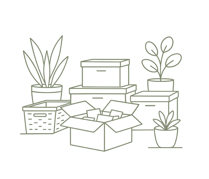 Line drawing of various potted plants and empty boxes on a surface.