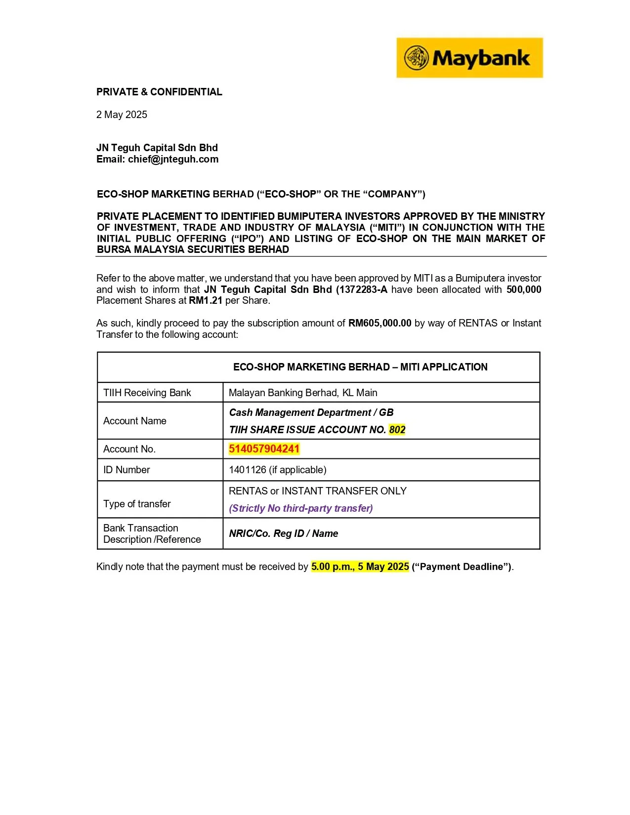 IPO Secured Share Placement - Eco Shop