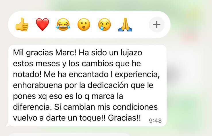 Mensaje de texto que expresa gratitud a Marc, mencionando que fue un día importante y que la experiencia y dedicación de Marc marcaron la diferencia. El mensaje indica que si cambian sus condiciones, volverán a dar un toque y agradecen.