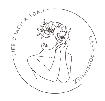 Ilustración de una mujer con una corona de flores en la cabeza, sosteniendo una flor cerca de su cara, con texto alrededor que dice 'Life Coach & TDAH' y 'Gaby Medellín'.