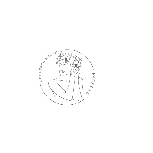 Ilustración de una mujer con una flor en el cabello y una mariposa en la mano, rodeada por un círculo con texto que dice 'LIFE COACH A TOAH PACKS.'