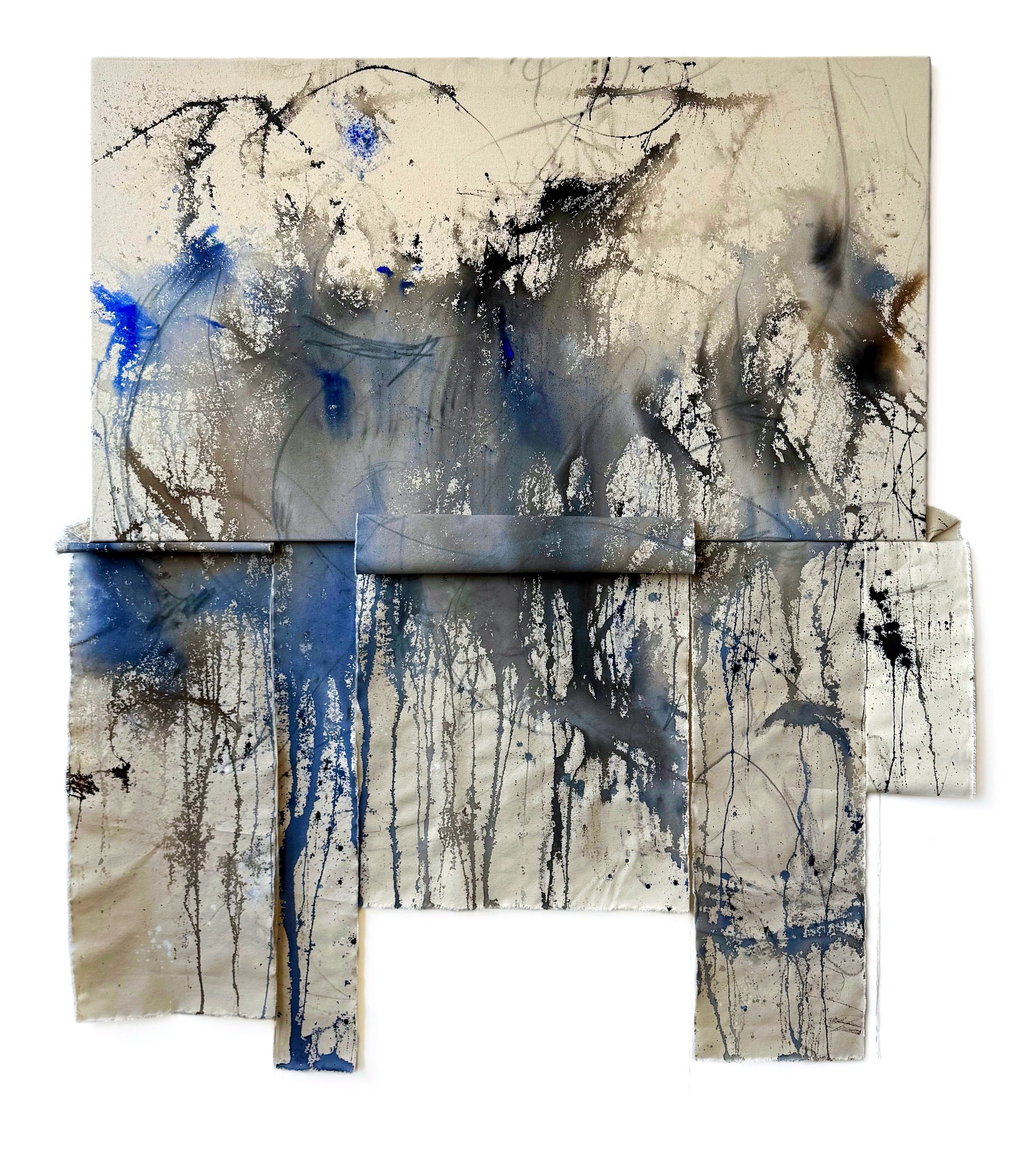 Abstract mixed media painting with splatters and drips of black, blue, and beige on canvas.