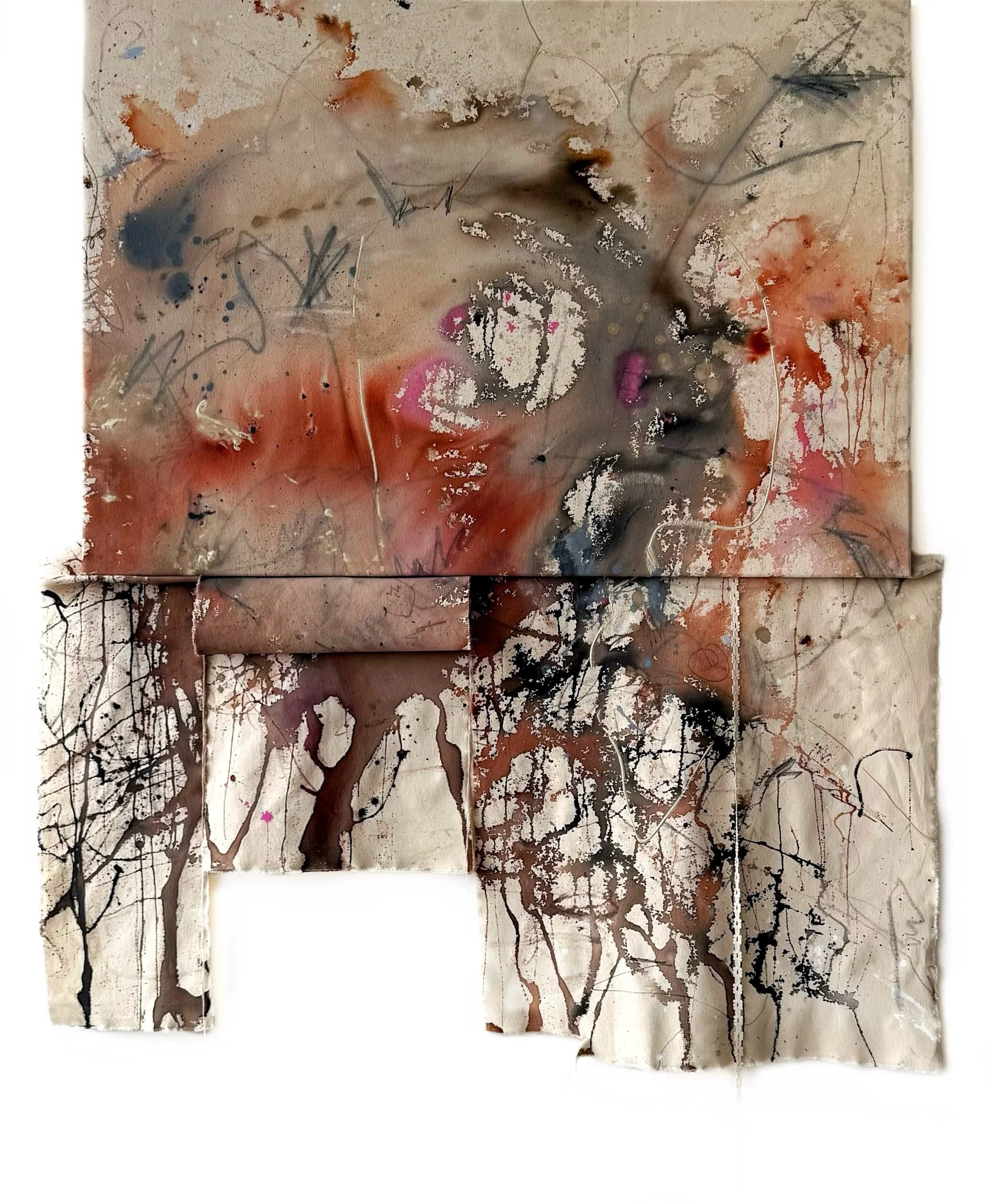 Abstract splattered paint on torn paper sheets in shades of brown, black, gray, and hints of pink, arranged vertically.